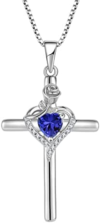 FJ Cross Necklace for Women 925 Sterling Silver Birthstone Rose Flower Necklace Jewellery Gifts for Women Mom Wife Girls Her