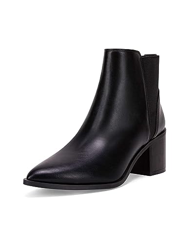 Coutgo Womens Pointed Toe Ankle Boots Elastic Chunky Block Stacked Mid Heel Slip On Chelsea Booties