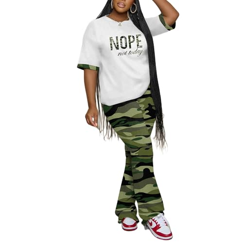 PINSV Womens Sets 2 Piece Outfits Casual Short Sleeve Top and Flare Pants Lounge Sets Tracksuit Camouflage XXL