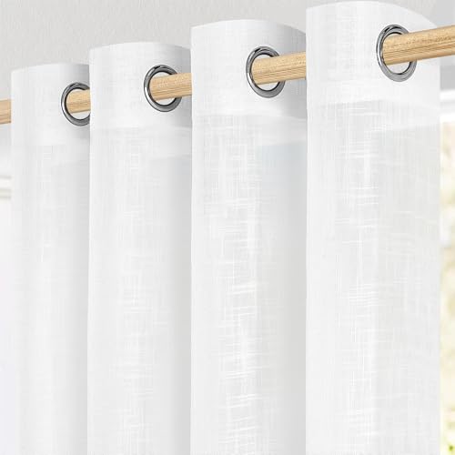 MRTREES Cortinas de Dormitorio Comedor Salon Cocina Habitacion 2 Piezas 140×160cm Visillos Blancos Translúcidas Modernas de Lino Aspecto con Ojales para Ventanas Sala para Niños Sala Cuarto Baño