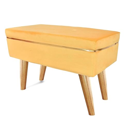 Image of Ottoman Bench for Living Room | Upholstered Seating with Wooden Legs| Multipurpose Seating for Home & Office| Stylish Accent Furniture for Bedroom & Drawing Room Decor, Sqr Bnch-Mustard