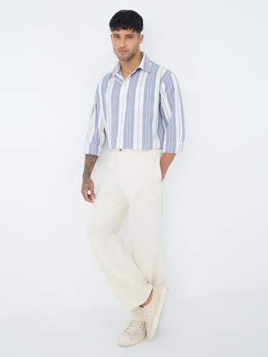 Image of The Souled Store Stripe Shirt: Clash Men and Boys Long Sleeve Spread Collar Light Blue Striped Casual Everyday Office Wear Ligthweight Cotton Relaxed Shirt