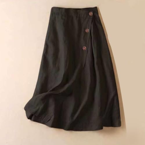 Womens Summer Linen Elastic Long Skirt Back Buttoned Swing Midi A Line Skirt Casual Comfy Button Solid A-Line Skirts2
