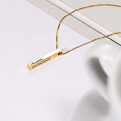Oak&Luna Personalized Custom Pillar Bar Necklace -3D Engraved 4 Sides- Sterling Silver 925 Jewelry Gift For Her- Mother Day Pendant (18K Gold Plated Silver 925) #TOP2