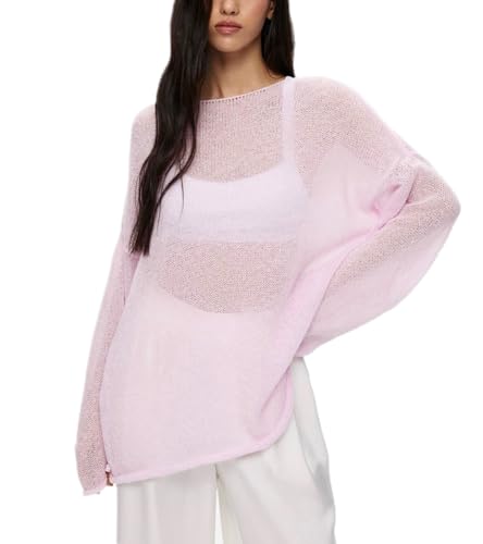 Image of Sweters for Women, Womens Sweater, O-Neck Solid Color See Through Pullover Jumper Shirt Beach