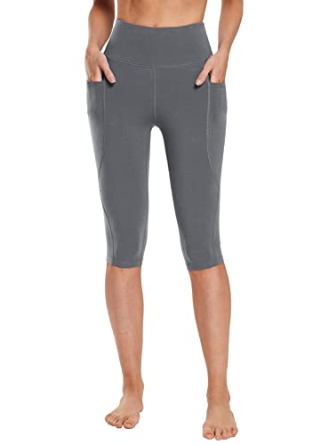 Women's Knee Length Cotton Capri Leggings with Pockets, High Waisted Casual Summer Yoga Workout Exercise Pants