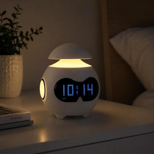 Image of Robot Designed Digital Alarm Clock with Wireless Bluetooth Speaker for Songs | USB Powered Wake Up Alarm Clock with Emoji, Dual Alarm Setting, with Adjustable Night Light (1-pcs)