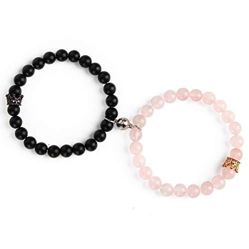 Magnetic Couple Bracelets King&Queen Crown Couple Bracelets His and Her Friendship 8mm Beads Bracelet (Black&Pink)
