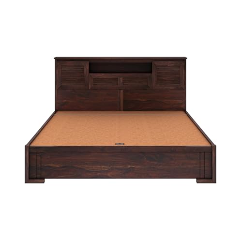 Image of Ganpati Arts Maharaja Groove Solid Sheesham Wood Queen Size Bed with Hydraulic Box and Headboard Storage Wooden Double Bed Cot Palang Furniture for Bedroom Living Room Home (Walnut Finish)