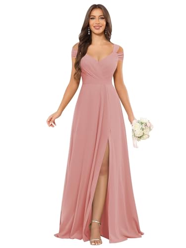 Image of petyoo Off Shoulder Chiffon Bridesmaid Dresses with Slit Long Formal Evening Dress