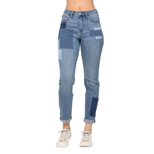 Judy Blue High Waist Double Rolled Cuff Patch Boyfriend Jeans for Women - 88499
