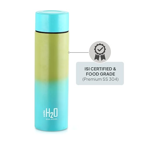 Image of CELLO H2O Luma Stainless Steel Water Bottle For Office Use 1000ml, Green Blue | Single Wall Freezer & Fridge Safe, Lightweight & Stylish Leakproof Rustproof Steel Water Bottle For School Kids & Travel