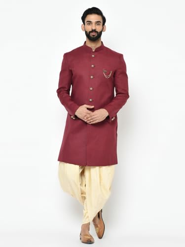 KISAH Men's Indo-Western Sherwani Dhoti With Dupatta Set, Maroon Cotton Blend Solid Regular Fit Mandarin Collar Full Sleeves 6 KISAH Men's Indo-Western Sherwani Dhoti With Dupatta Set, Maroon Cotton Blend Solid Regular Fit Mandarin Collar Full Sleeves - Image 6
