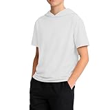 Boys Hooded T-Shirt Tween Blend Short Sleeve Tops Summer Solid Color Fashion Tee Slim Fit Training (White, 140/S)