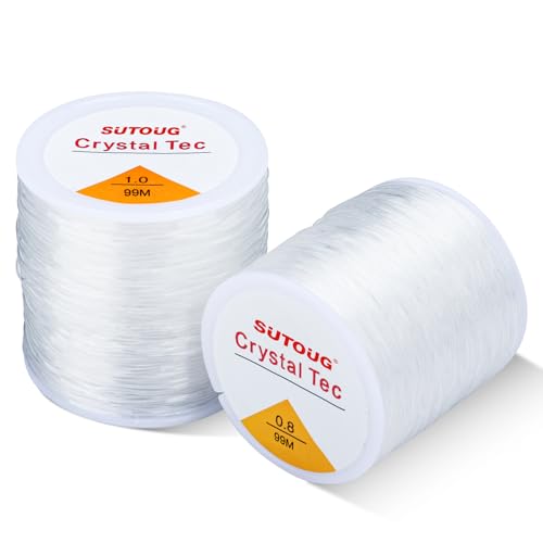 SUTOUG 0.8mm & 1.0mm Elastic String for Bracelets 2 Rolls Strong Stretchy Bracelet String for Jewelry Making Clear Crystal Beading Cord for Clay Beads Letter Beads Kandi & DIY Crafts - 216 Yards