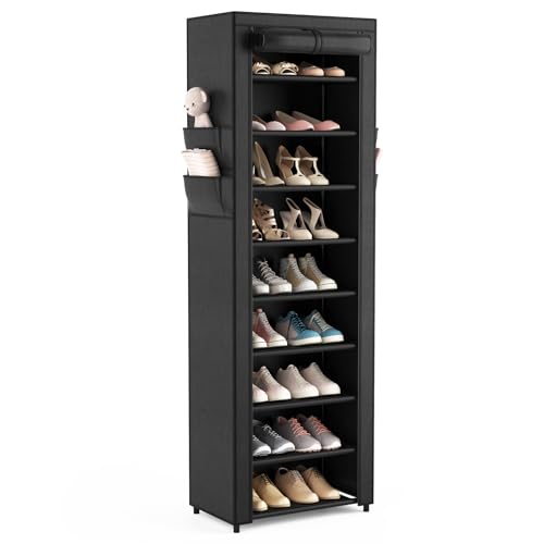 Shoe Rack with Cover Narrow Shoe Organizer with 4 Side Pockets 10 Tier Tall Shoe Storage Holds 18-22 Pairs Shoes and Boots Shoe Rack for Closet Entryway Garage