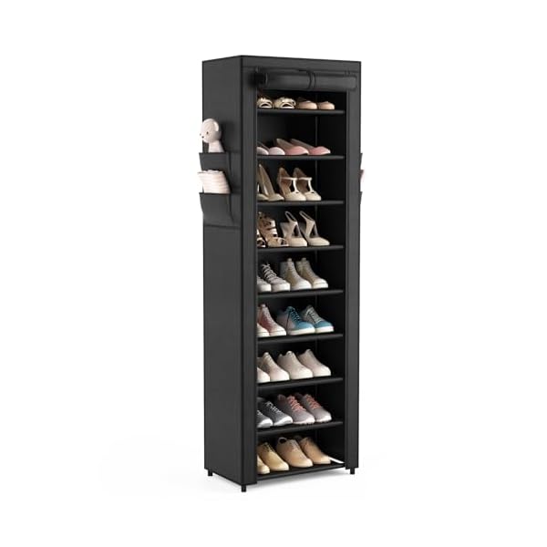Shoe rack with cover narrow shoe rack organizer with 4 side pockets 10 tier tall shoe storage shoe shelf holds 18 22 pairs shoes and boots shoe rack for closet entryway garage  urban country home decor