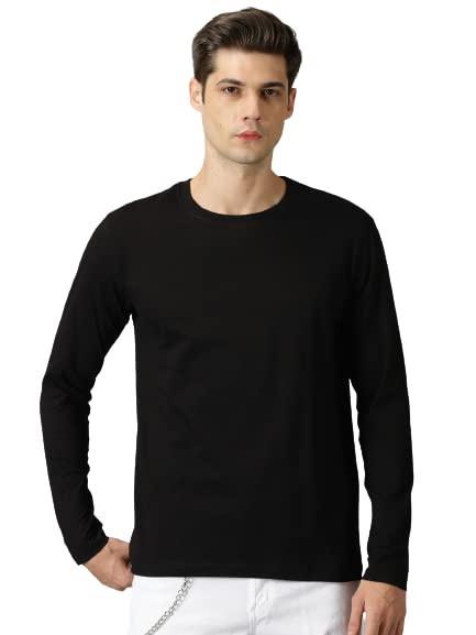 ANGARMens Solid Cotton Full Sleeves T Shirts Round Neck Basic Plain Tees Summer Slim Fit Trendy Shirts for Teens Boys