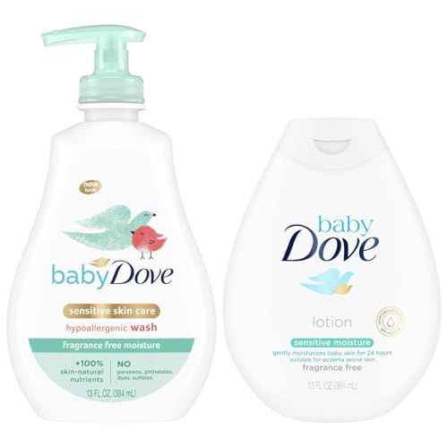 Image of Dove Baby Sensitive Skin Care Bundle – Hypoallergenic Wash & Baby Lotion, Fragrance Free Moisture, Baby Gift Set, 13 Oz Ea (2 Piece Set)