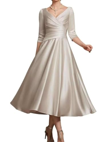 Satin Tea Length Mother of The Bride Dresses for Wedding 3/4 Sleeves A-line Pleated Formal Evening Gown 20243