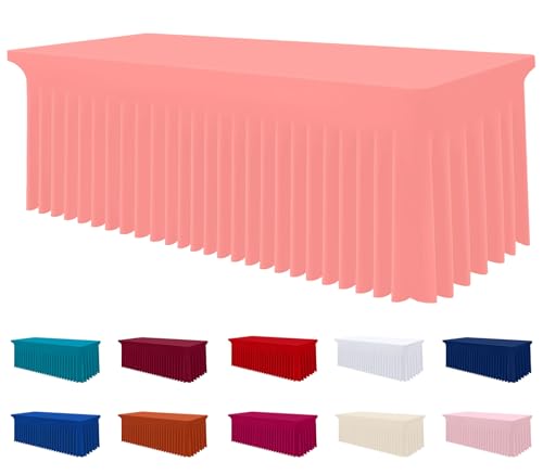 Image of Smiry Spandex Elastic Fitted Table Cloth Skirt for 4FT Rectangle Table | Stretch Washable Table Cloth, Banquet Table Cover for Wedding, Party, Indoor & Trade Shows, (Coral Red, 48Lx30Wx30H)