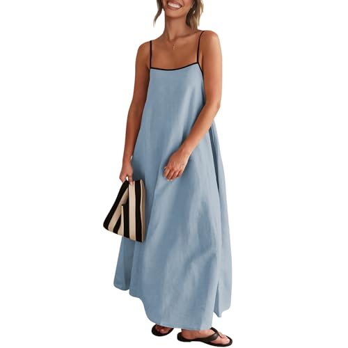 Image of Senllen Women's Linen Dress Summer Loose Flowy Sundress Contrast Spaghetti Strap Sleeveless Backless Beach Maxi Long Dresses