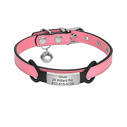 Jiquan Leather Cat Collars,Personalized Cat Collars,Custom Kitten Collars with Engarved Name Plate,Engraved Pet Name and Phone,Safety Cat Collar with Bell,Up to 3 Lines of Custom Text(XS Pink)