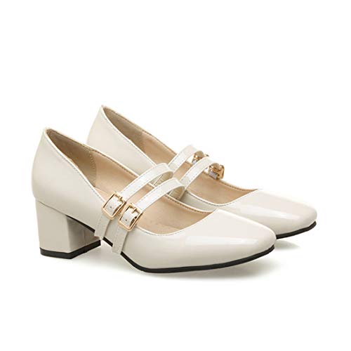 VOKLIN Women's Mary Jane Pump Oxford Retro Square Toe Buckle Strap Patent Leather Chunky Mid Heel Dress Shoes2