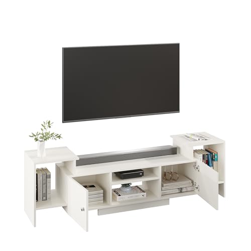 Image of FURNEASER Eptimal Modern Wooden TV Unit for Living Room | Engineered Wood Entertainment Center with Storage | TV Stand for 65 Inch TVs | TV Cabinet with Shelves & Doors (White)