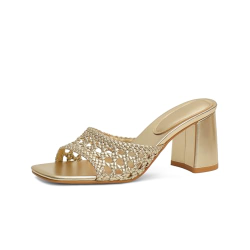 Image of Women's Heeled Sandals Mesh Mules Square Open Toe Block Chunky Heel Slip On Slide Sandals Comfy Dressy Summer Party Shoes