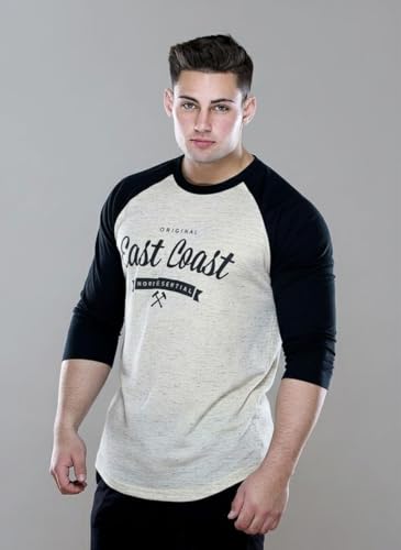 Image of HOT BUTTON Original East Coast Raglan Full Sleeve T-Shirt, Oatmeal Melange and Black, Graphic Print