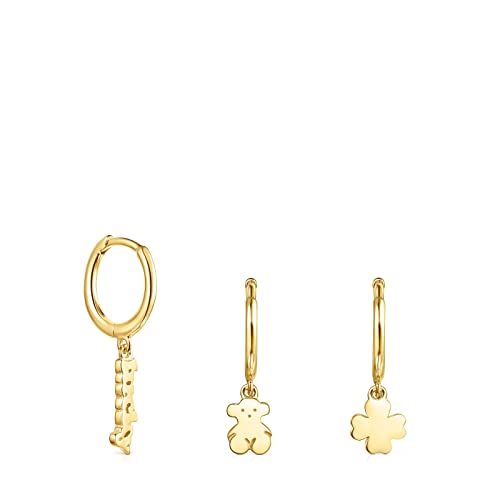 TOUS Pack 3 Pendientes de Aro Baño de Oro 18Kt sobre Plata para Mujer con Motivo en Oso y Suerte y Cierre a Presión, Direfente y Juvenil, Colección Good Vibes