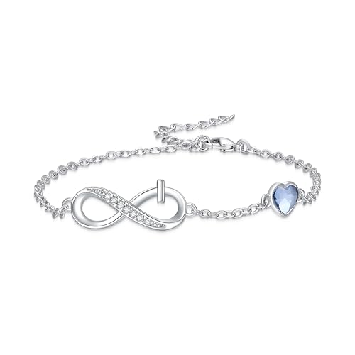 Crysdue Infinity Love Bracelets Heart CZ Birthstone Charm Link Bracelet, Birthday Christmas Mothers Day Jewelry Gift for Women Mom Girlfriend Wife Daughter