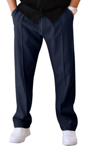 Pantalon Homme Léger Taille Élastique avec Cordon - Coupe Droite Bas Ouvert avec Poches - pour Travail, Sport, Décontracté, Bleu Marine L