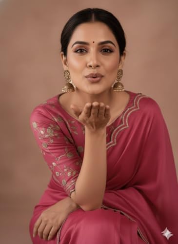 Image of Chinon Silk Saree with Embroidered Blouse, Traditional Georgette Saree, Elephant Embroidery Pattern, V-Neck Design, Free Size, Festival Wear