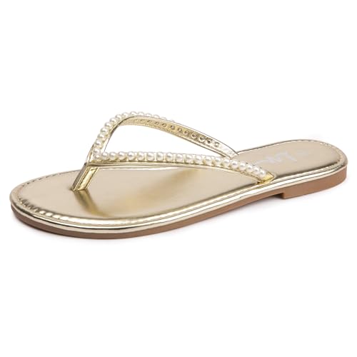 Image of LM Women's Pearls Strappy Flat Sandals Thong Sandals Flip Flop Slip On Slide Sandals for Women Dressy Summer