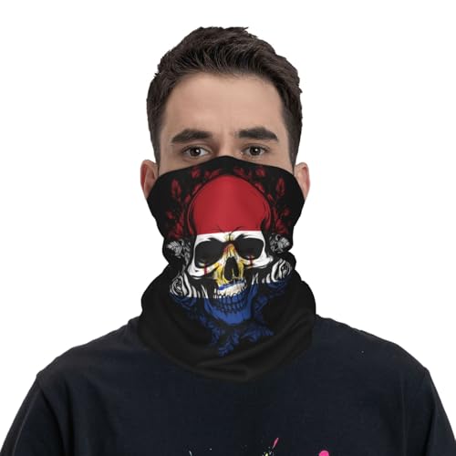 Netherlands Dutch Hollander Netherlander Flag Skull Neck Gaiter Balaclava Face Mask for Men Women Patriotic Design Seamless Bandana Cover Scarf Headwear Headband Head Wrap White