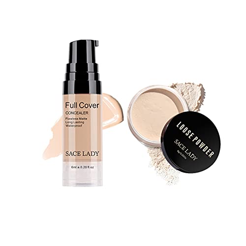 Sace Lady Face Make-Up Set Liquid Concealer And Matte Oil Control Loose Powder, Waterproof Long Lasting Poreless Silky Makeup Base Kit #TOP25