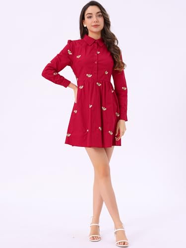 Image of Allegra K Women's Shirt Dress A Line Embroidered Floral Mini Dresses | Casual, Collar, Long Sleeve, Button Down, Half Placket, Invisible Zipper, Knee Length