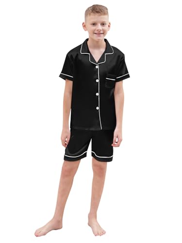 Schbbbta Kids Satin Pajamas, 2 Pcs Sleepwear Short Sleeve Silky Summer Pajama Set for Teen Boys and Girls, Black, 7-8 Years = Tag 140