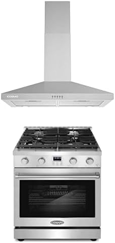 Cosmo 2-Pc Kitchen Appliance Packages, 30" Slide-In Gas Range and 30" Wall Mount Range Hood