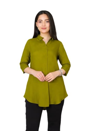 Image of Mlada Rayon Flare Top for Women | 3 /4th Sleeve Regular Fit and Flare Top | Women Office Tops Tunic | Western Long Shirt Top for Women | Shirt Collar Top for Women | Rayon Tunic Tops for Women Western