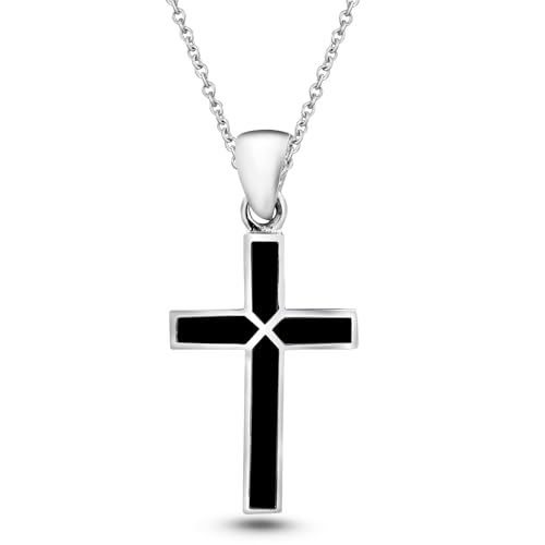 AeraVida Iridescent Cross of Faith Stone and Shell .925 Sterling Silver Necklace, 18 inch