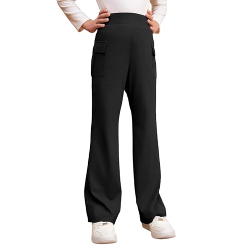 Teen Girls Dress Pants Bell Bottoms School Uniform Leggings for Kids Stretchy Flare Leg Pull-On Pants with Pockets 13-14 Years Black