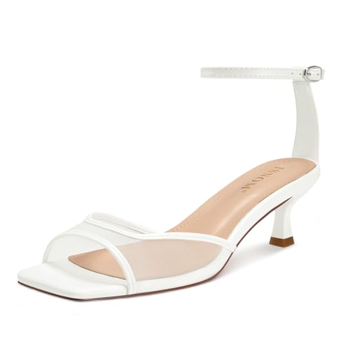 ISNOM Womens Mesh Kitten Heels Sandals Square Toe Ankle Buckle Strap Low Heels Comfort Summer Dress Shoes