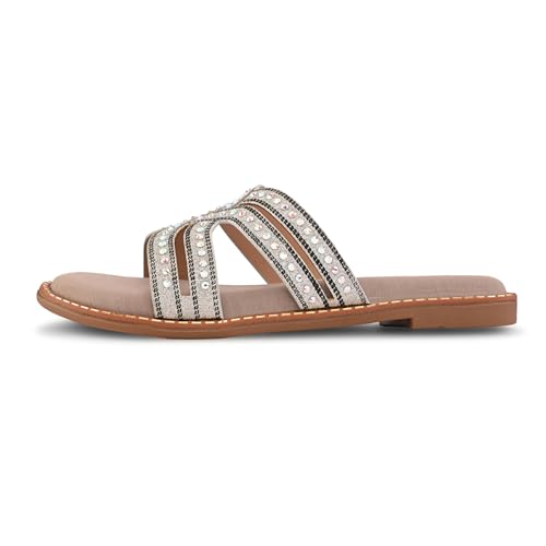 Image of Centrino Women's Beaded Flat Sandals| Open Toe Stylish Slip-On Sandals for Ladies | Metallic Crisscross Straps with Soft Cushioned Footbed for Comfort | Lightweight Casual Fashion Footwear (9305)