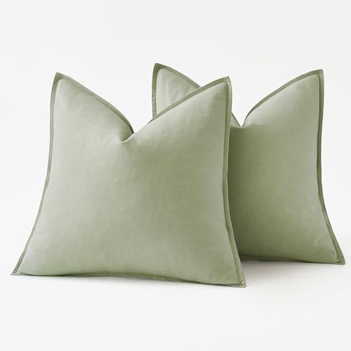 Image of MIULEE Decorative Linen Pillow Covers 18x18 Inch Light Green Boho Farmhouse Neutral Spring Couch Throw Pillows for Bed Pack of 2 Accent Modern Pillowcase Summer Sofa Livingroom Home Decor