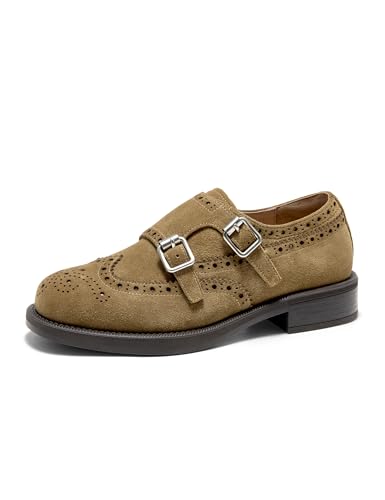 Image of BEAU TODAY Womens Leather Loafers, Monk Platform Loafer Shoes | Cowhide, Brogue Wingtip, Slip-on, Chunky Heel, Comfortable, Non-slip Durable, Business Casual Office Dress Shoes