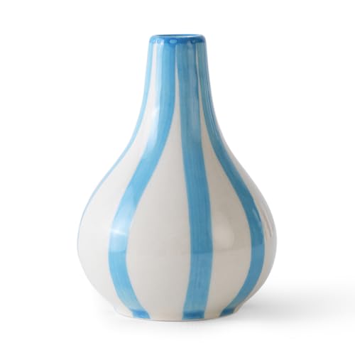 Image of PUREZENTO Blue & White Striped 'Tulip Bud' Ceramic Vase 6 Inch (Pack of 1) | Unique Modern Bud Vase for Dried Flowers & Pampas Grass | Vases for Modern Home Decor, Living Room & Office Decor Ideas