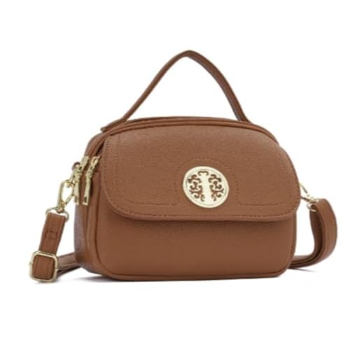 Bolsa Feminina Transversal de Mão em Couro Sintético, Marrom, Alça Ajustável, Estilo Contemporâneo, 2 Bolsos, Fecho com Zíper, Pequena (MARROM)